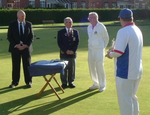 Mike Leyman of Le Roy Funerals and Fred English E&D Bowls League President presenting trophies at bowls tournament